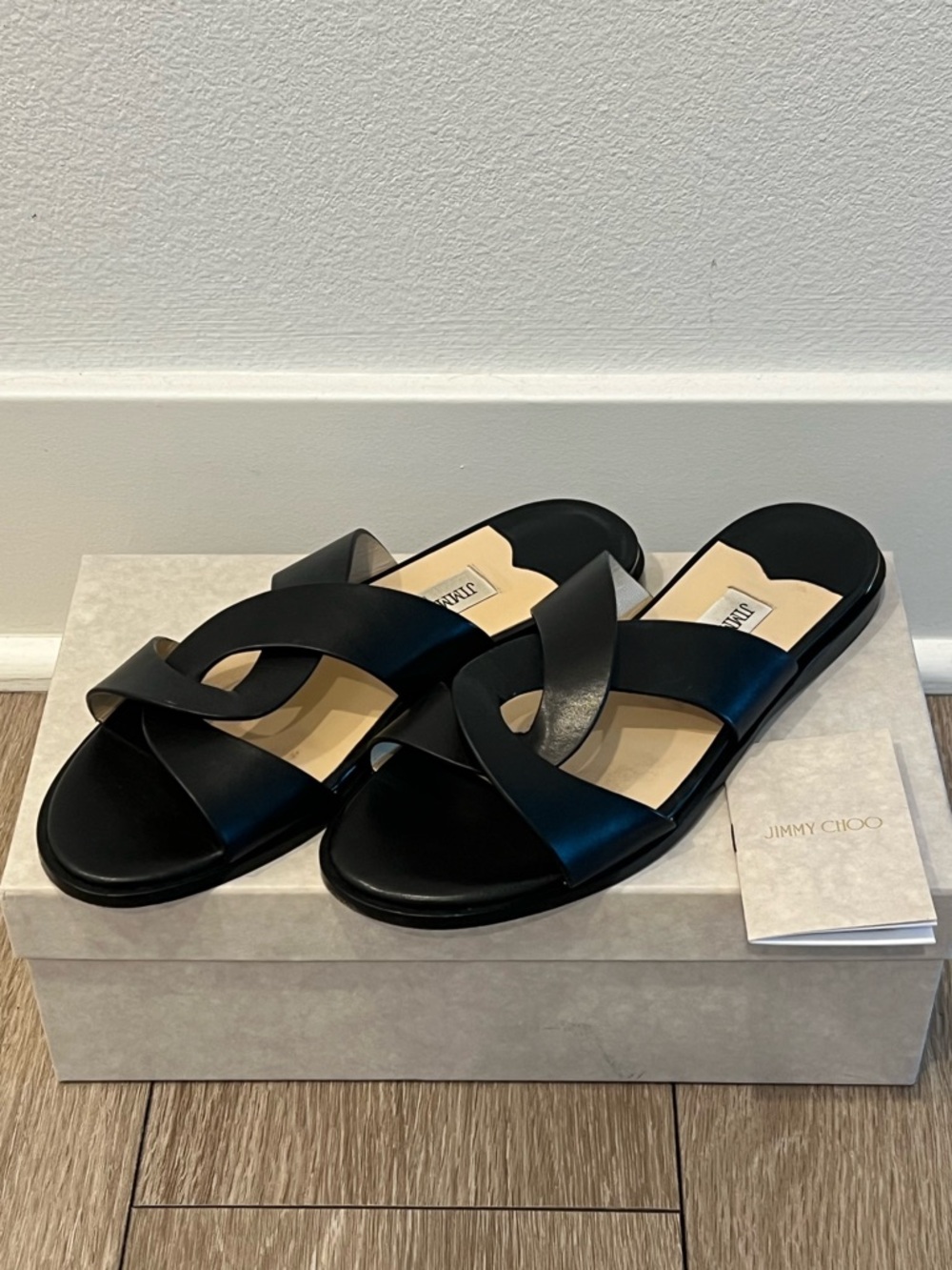 Jimmy Choo - Atia  Black Leather Cross-Strap Slide